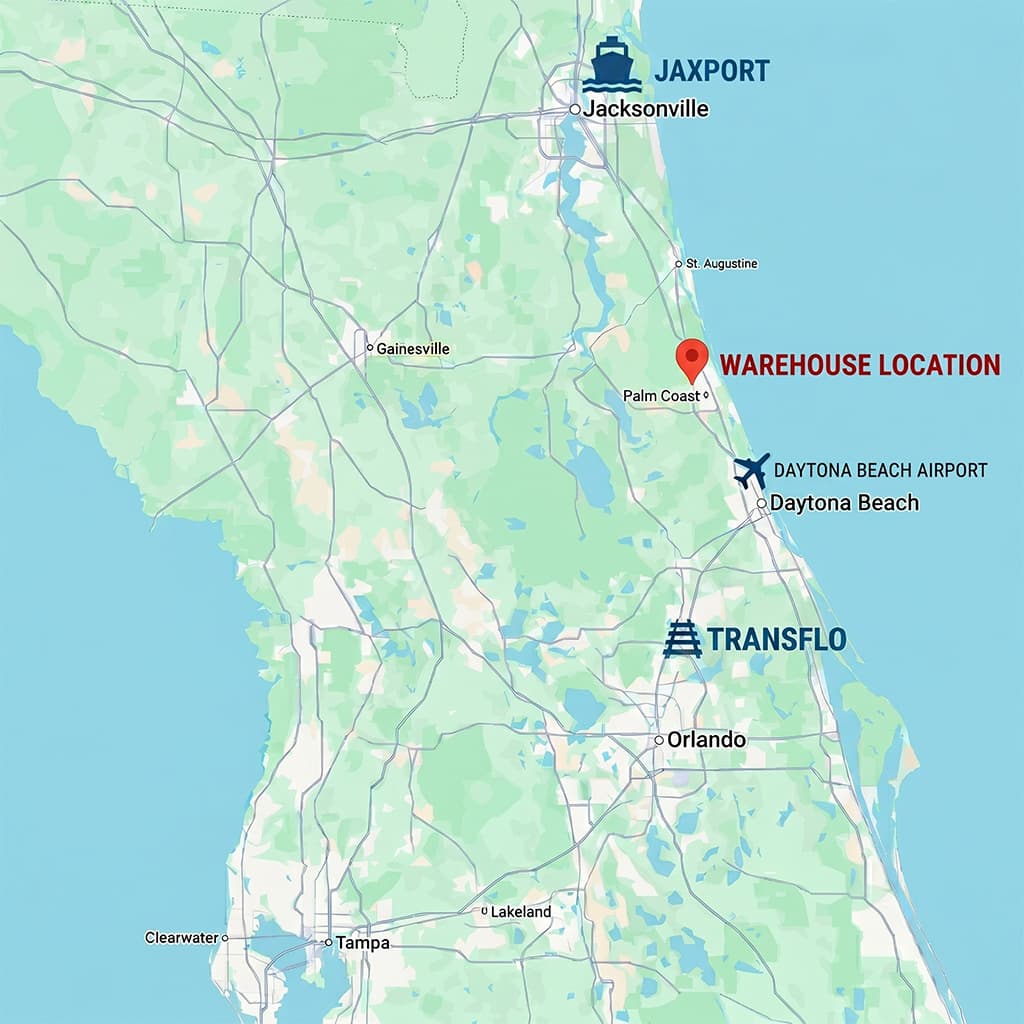 Regional logistics map showing 15 Hargrove Grade's proximity to highways, airport, seaport, and rail in northeast Florida